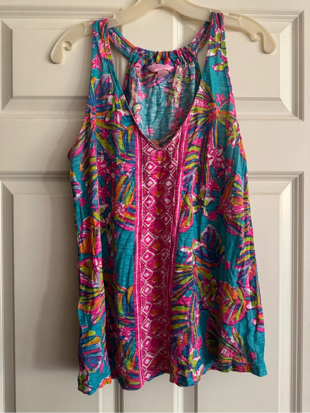 Lilly Pulitzer Women's Tropical Print Racerback Tank Top - Teal & Pink size L